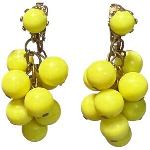 Vintage Yellow Beaded Cluster Clip On Earrings Statement Costume